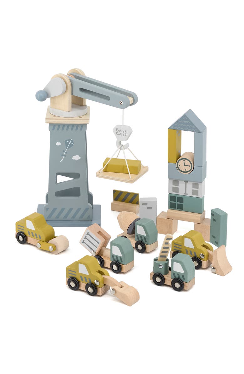 Label Label Wooden Construction Site Play Set, 13 Blocks, 6 Vehicles, Ages 3+, Main, color, Multicolored