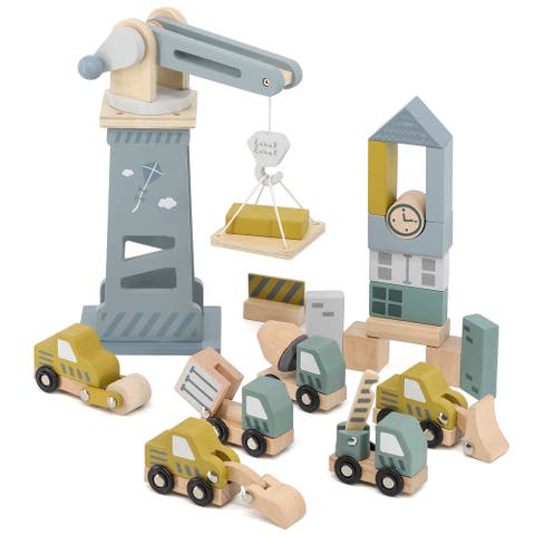 Wooden Construction Site Play Set, 13 Blocks, 6 Vehicles, Ages 3+