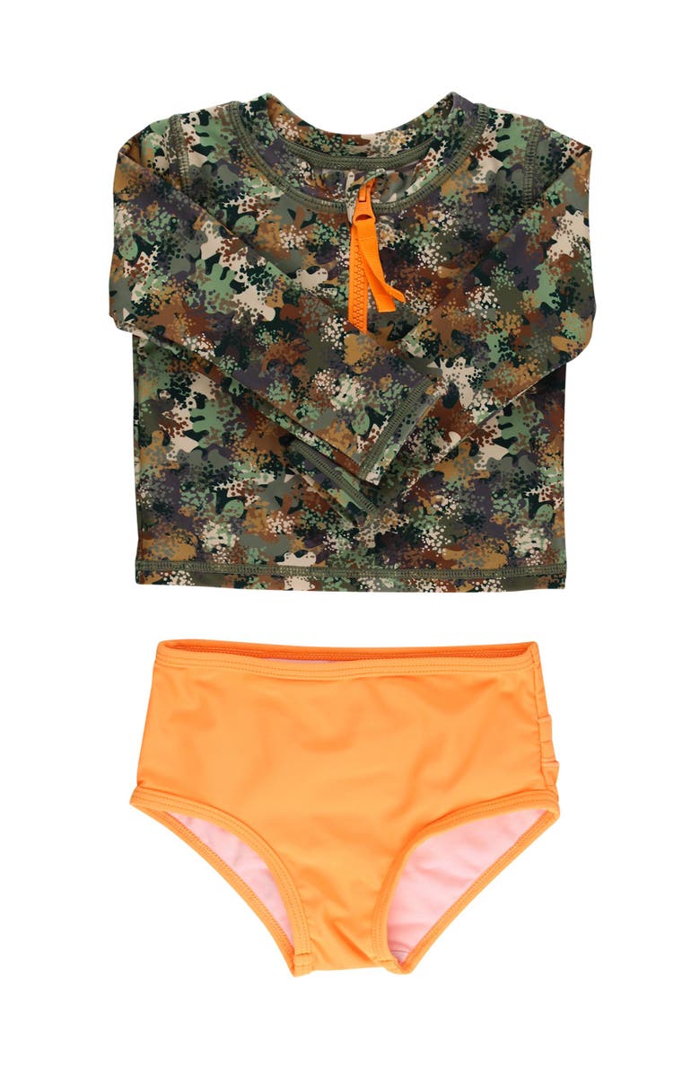 RuffleButts Toddler Girls UPF50+ Long Sleeve Zipper Rash Guard 2-Piece, Main, color, Classic Camo