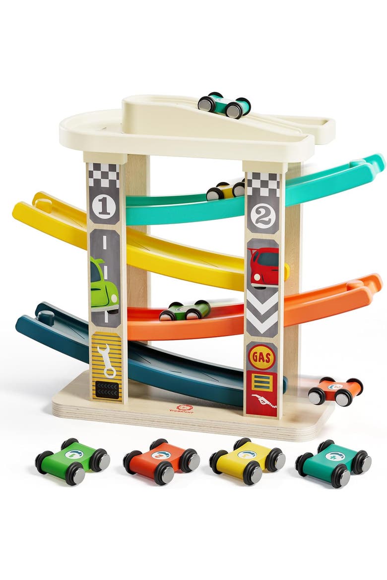 Wooden Car Ramp Race Track Toddler Montessori Toy with Garage, Main, color, Multicolor