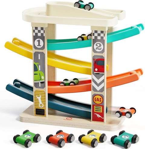 Wooden Kids Race Track Toy Montessori Car Ramp Set with 4 Cars