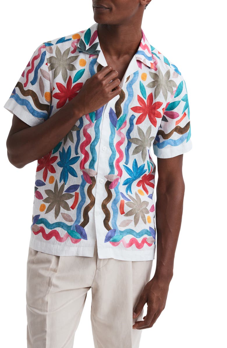 Reiss Delphi Floral Short Sleeve Linen Button-Up Camp Shirt, Main, color, 
