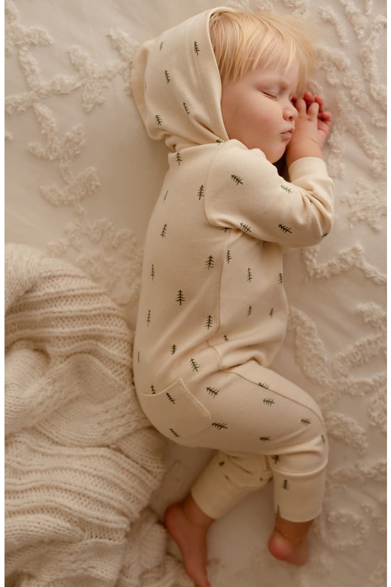 Print Organic Cotton Hooded Romper, Alternate, color, BUTTERCREAM TREE