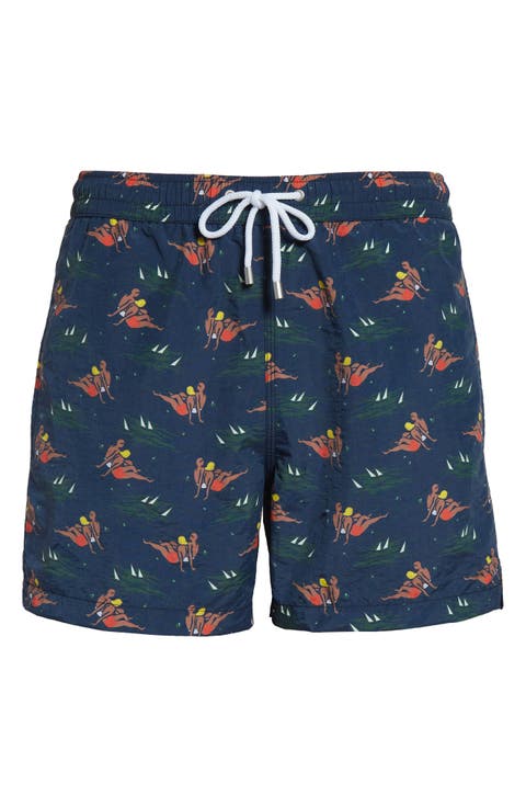 Bathers Print Drawstring Swim Trunks
