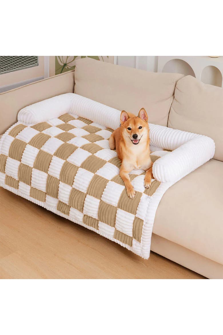 Cream Square Plaid Cozy Dog Mat Furniture Protector Cover, Alternate, color, Coffee
