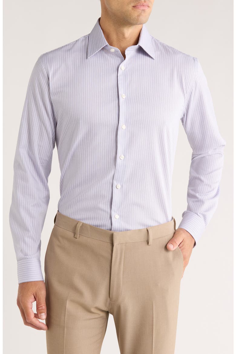 Trim Fit Stripe Premium Non-Iron Cotton Dress Shirt, Main, color, PURPLE ANTICA STRIPE