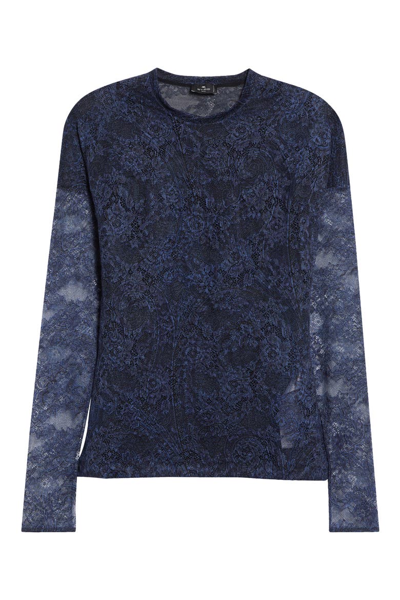 Long Sleeve Stretch Lace Top, Alternate, color, BLUE PRINT 3