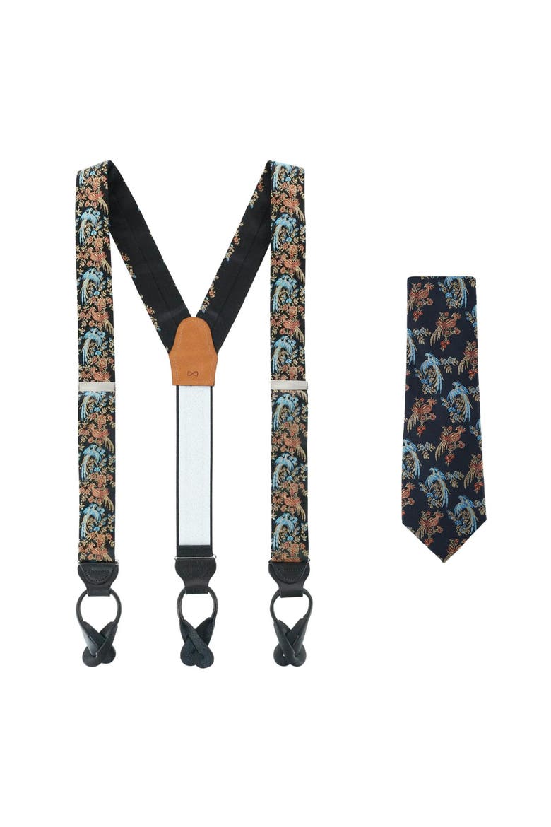 Birds of Prosperity Silk Button End Suspenders (Braces) and Necktie Set, Main, color, Black