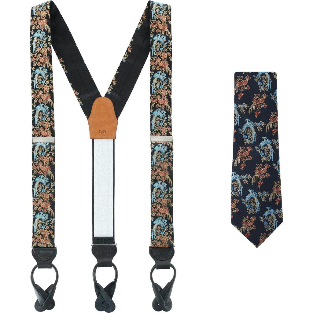 Trafalgar Birds of Prosperity Silk Button End Suspenders (Braces) and Necktie Set in Black at Nordstrom