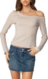 EDIKTED Adelaine Asymmetric One-Shoulder Long Sleeve Top