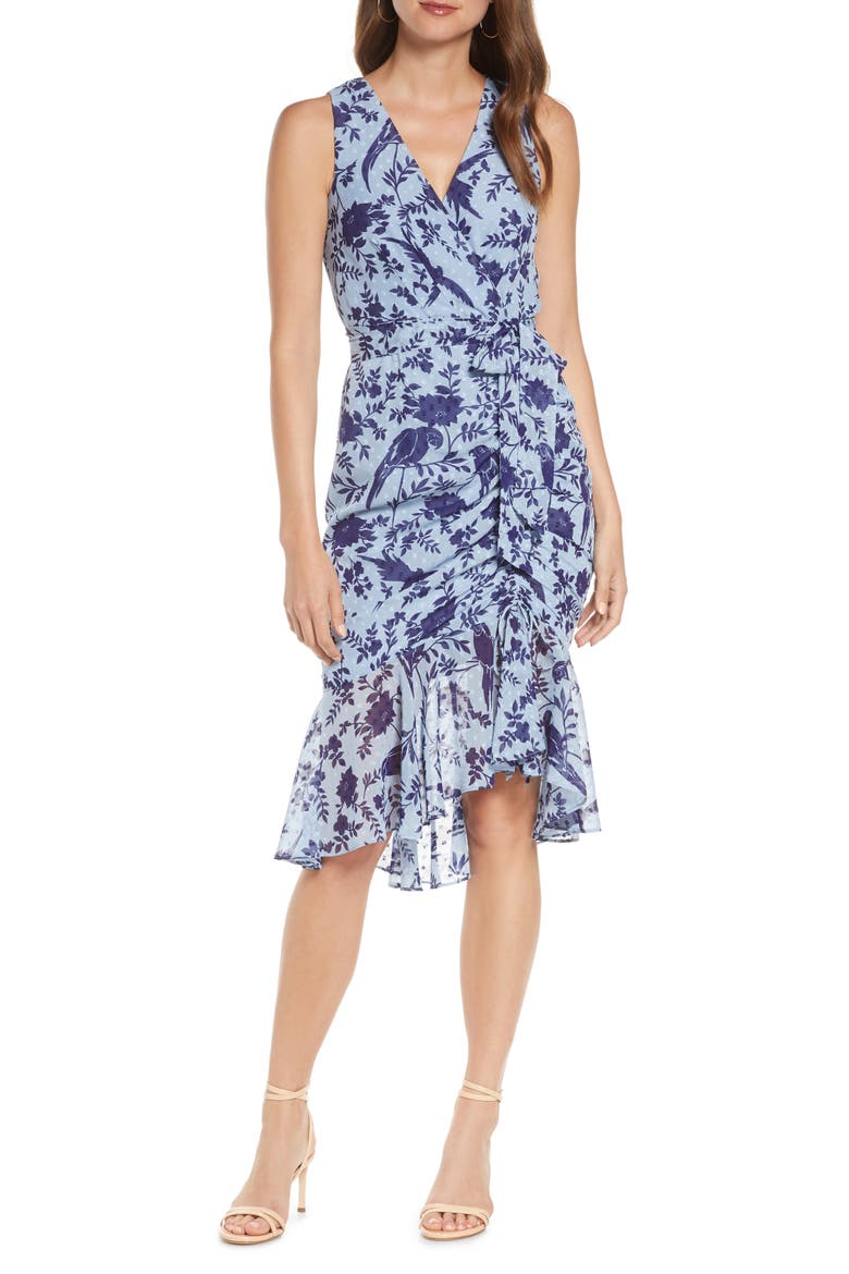 Floral Ruched Chiffon Faux Wrap Dress, Main, color, BLUE