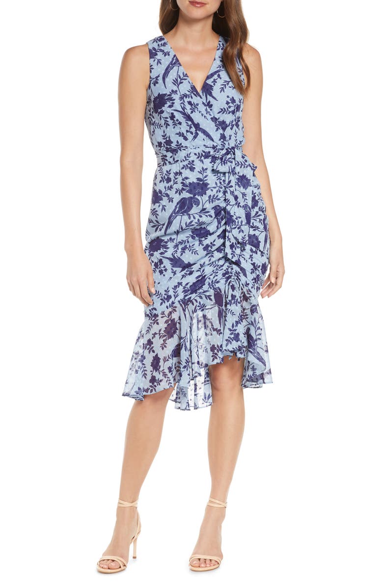 Eliza J Floral Ruched Chiffon Faux Wrap Dress, Main, color,