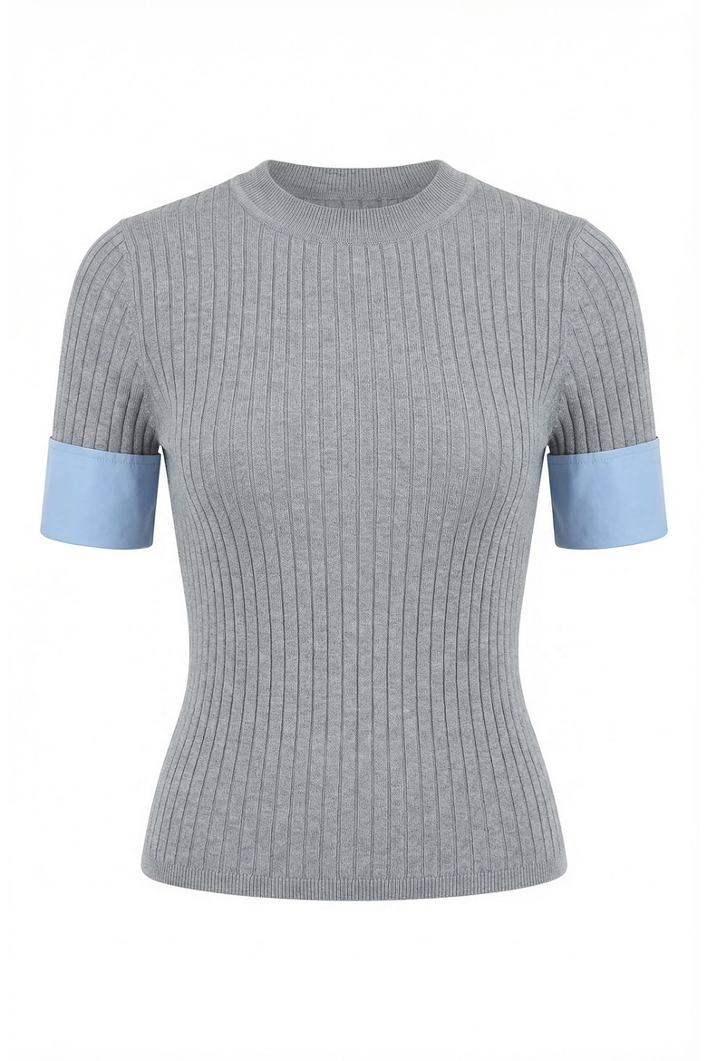 Ribbed Knit Short Sleeve Top, Alternate, color, Heather Grey / Light Blue