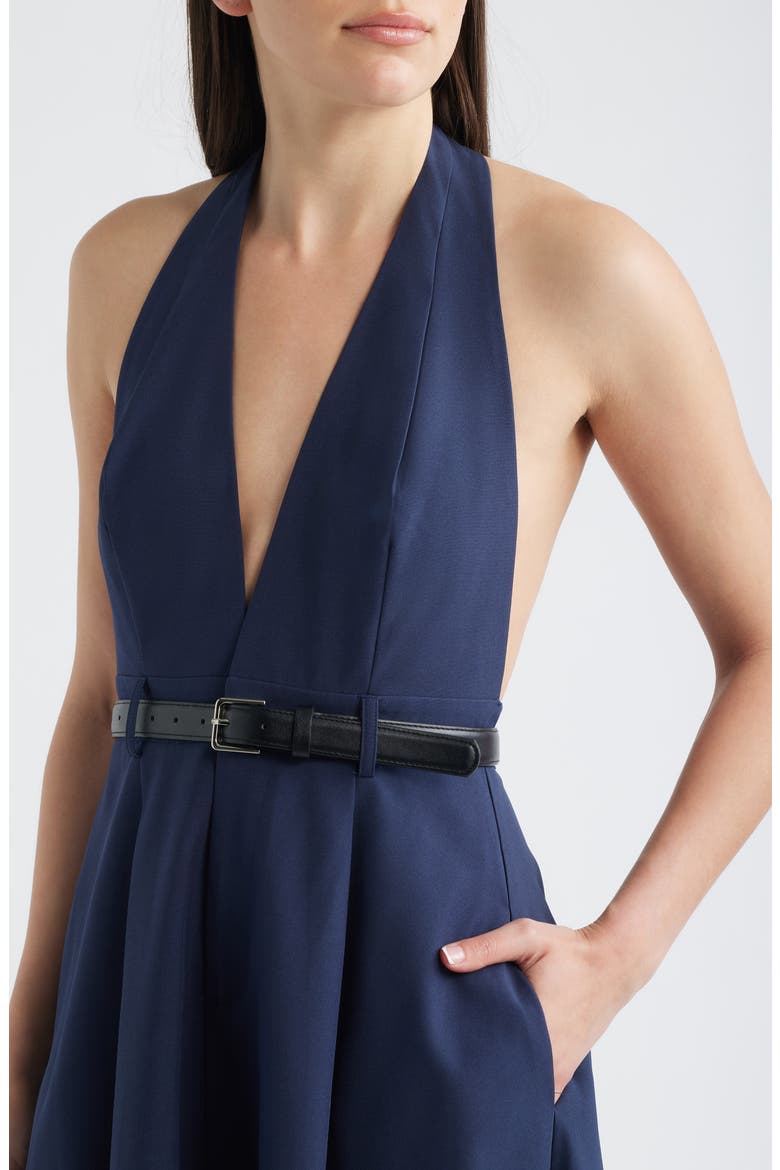 Plunge Halter Neck Belted Midi Dress, Alternate, color, NAVY
