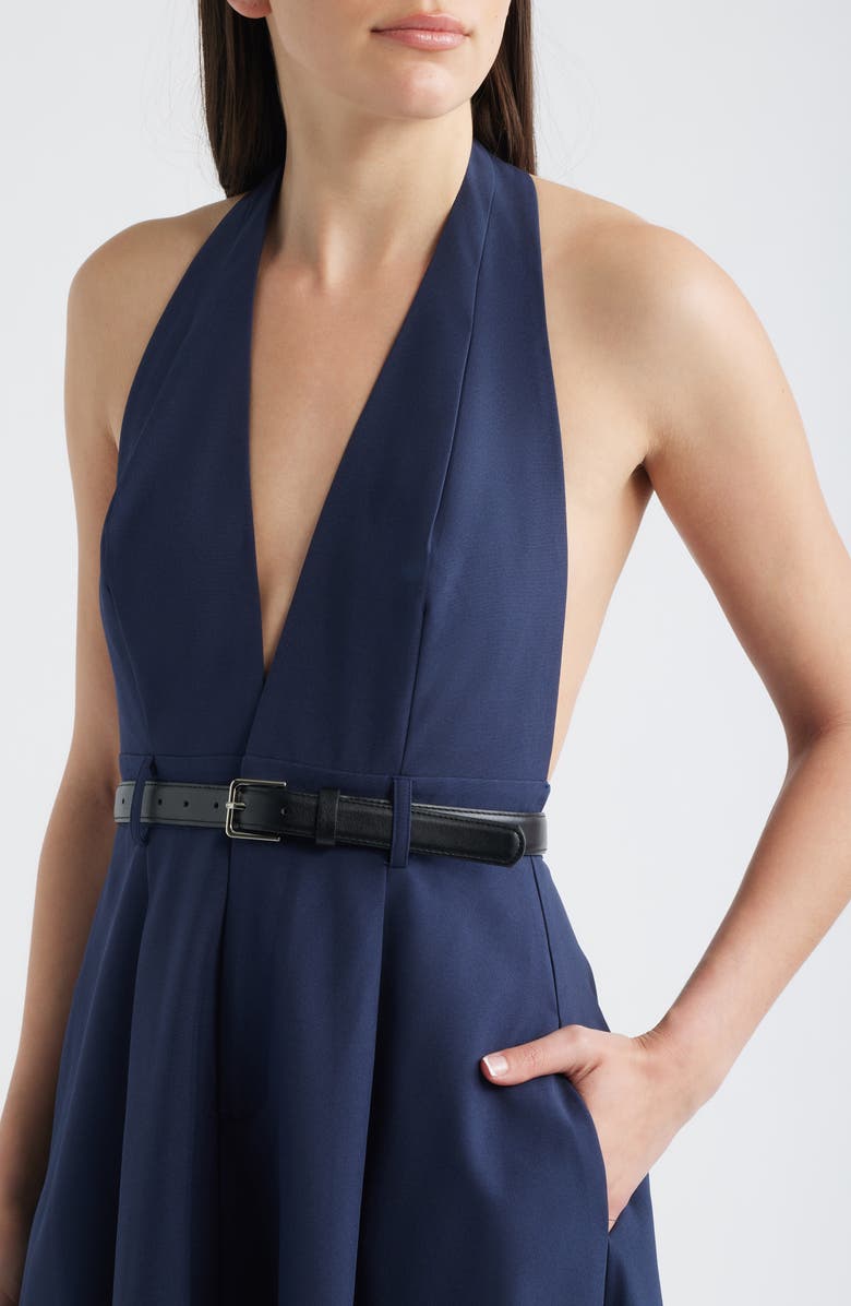 FREEMARKET Plunge Halter Neck Belted Midi Dress, Alternate, color, Navy