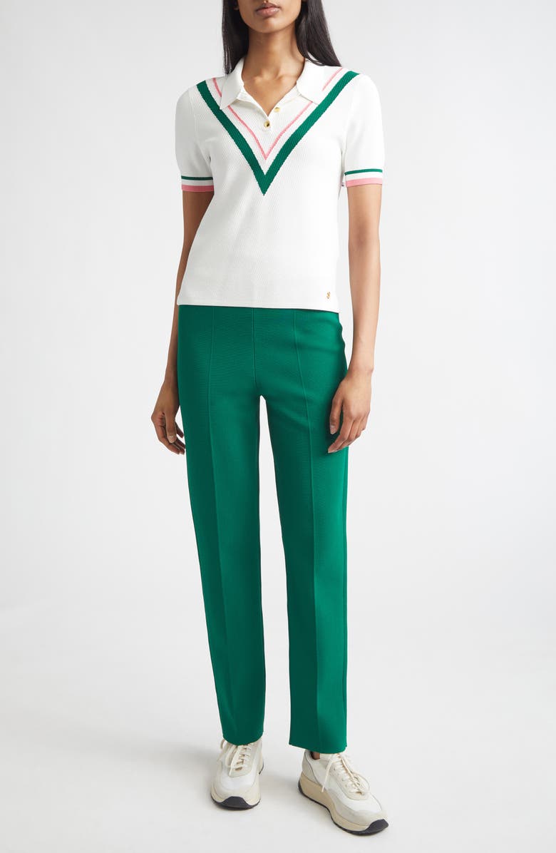 ST. JOHN Diagonal Texture V-Stripe Polo Sweater, Alternate, color, Bright White Multi