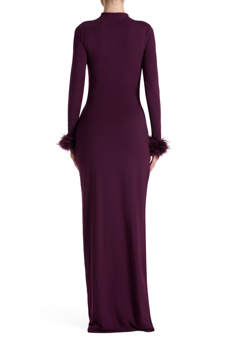 Naked Wardrobe Fine Feathers Long Sleeve Body-Con Maxi Dress, Alternate, color, Dark Plum