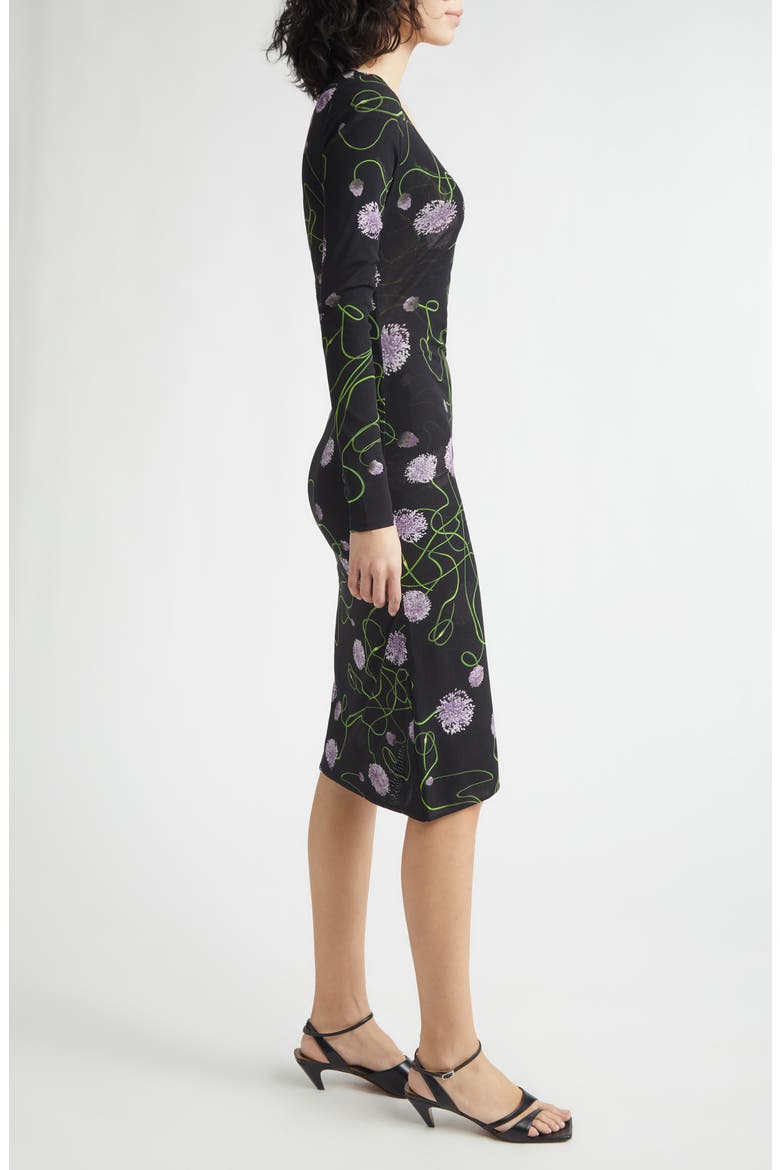 Twisted Floral Long Sleeve Mesh Body-Con Midi Dress, Alternate, color, BLACK MULTICOLOR