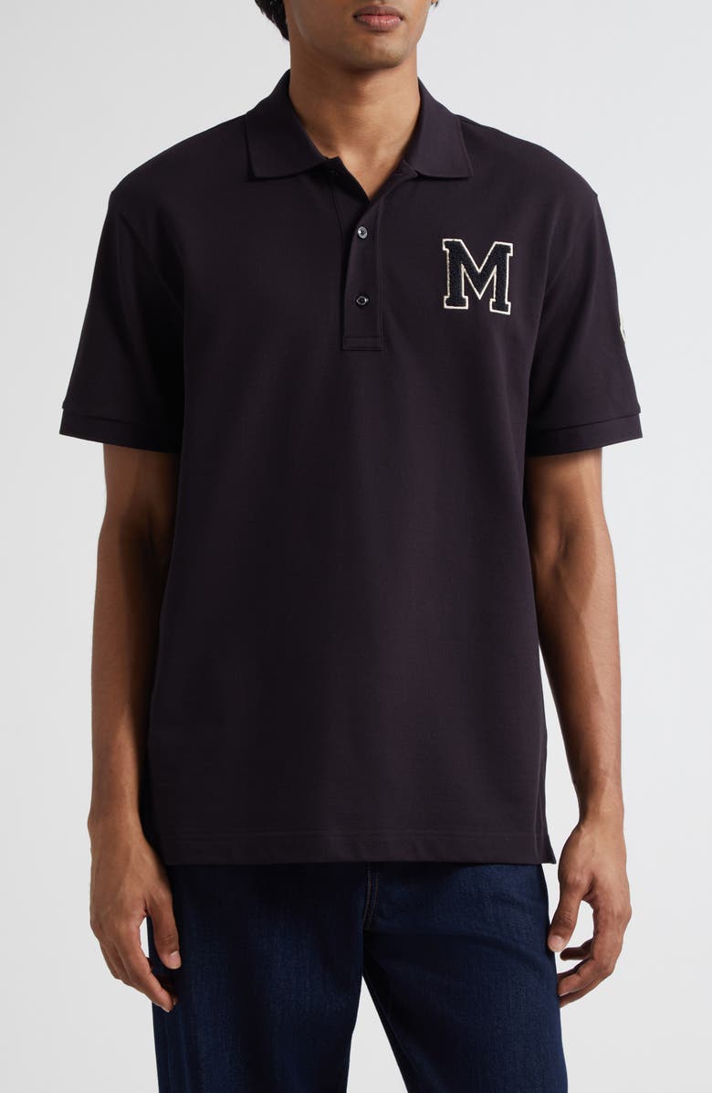 Moncler Varsity Monogram Cotton Piqué Polo, Main, color, Navy Blue