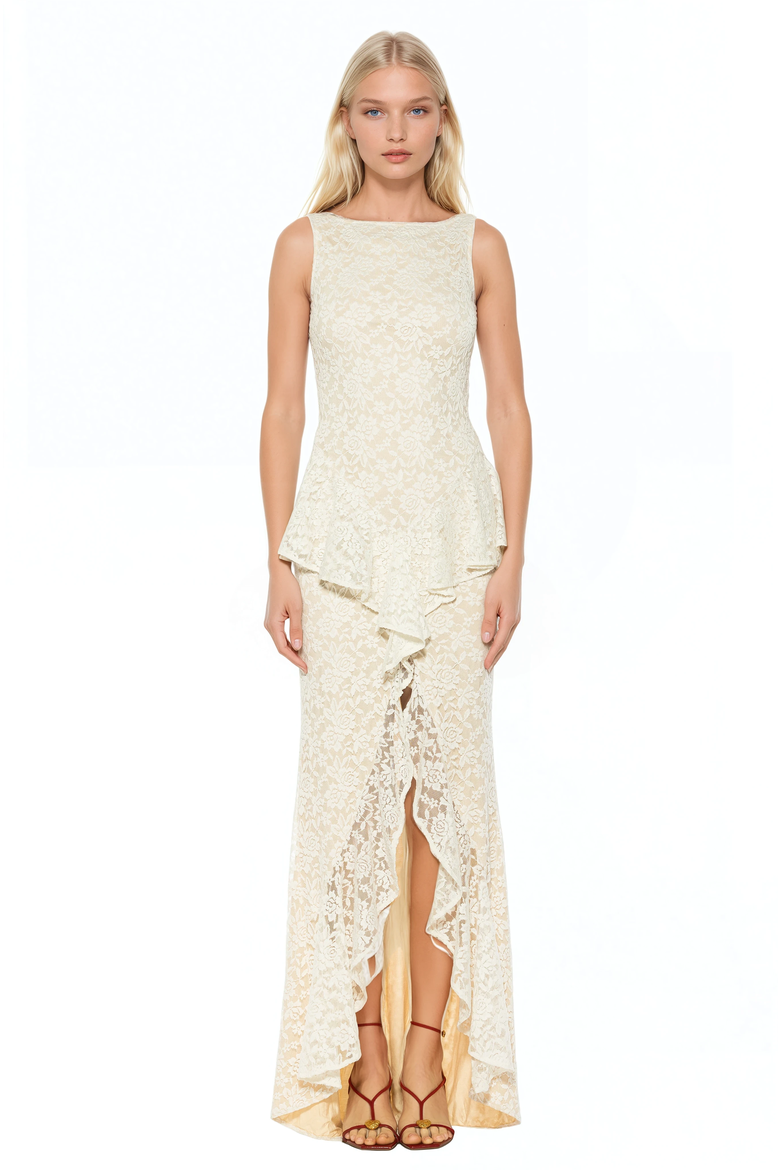 Perrin Boatneck Ruffle Gown, Main, color, White