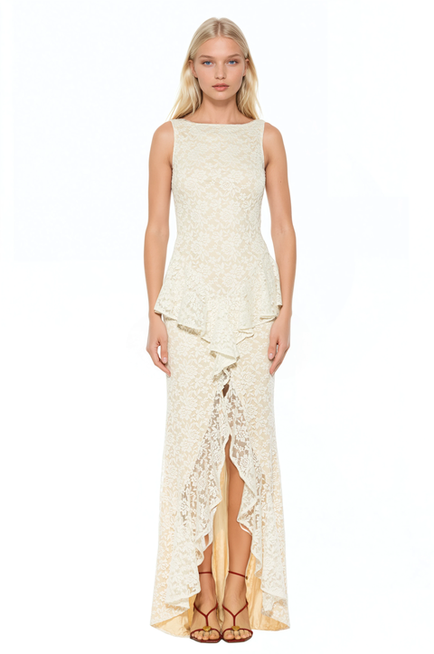 Perrin Boatneck Ruffle Gown