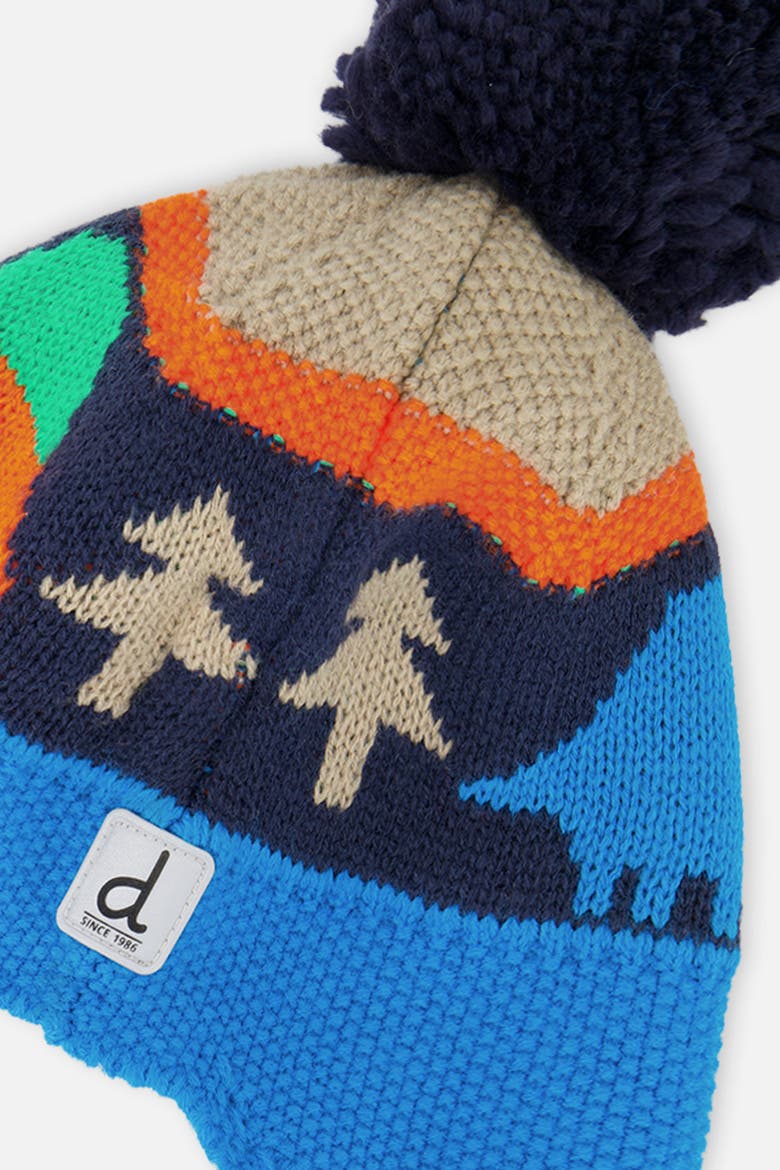 Winter Dinosaur Fleece Lined Peruvian Knit Hat with Pompom, Alternate, color, Blue Dinosaur Print