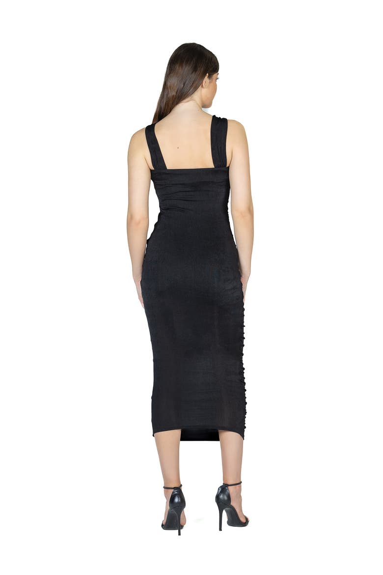 Womens Halter Cross Neck Ruched Bodycon Mid Dress, Alternate, color, Black