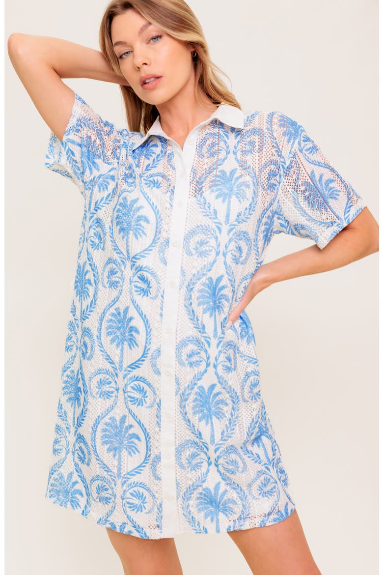 Palm Print Short Sleeve Lace Shirtdress, Alternate, color, IVORY BLUE