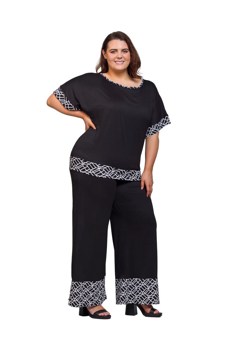 24seven Comfort Apparel Plus Size Black Two Piece Pant Set with Geometric Print Trim, Alternate, color, Black
