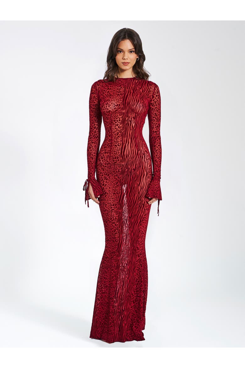 Waylynn Sheer Burnout Velvet Backless Evening Maxi Dress, Alternate, color, Burgundy