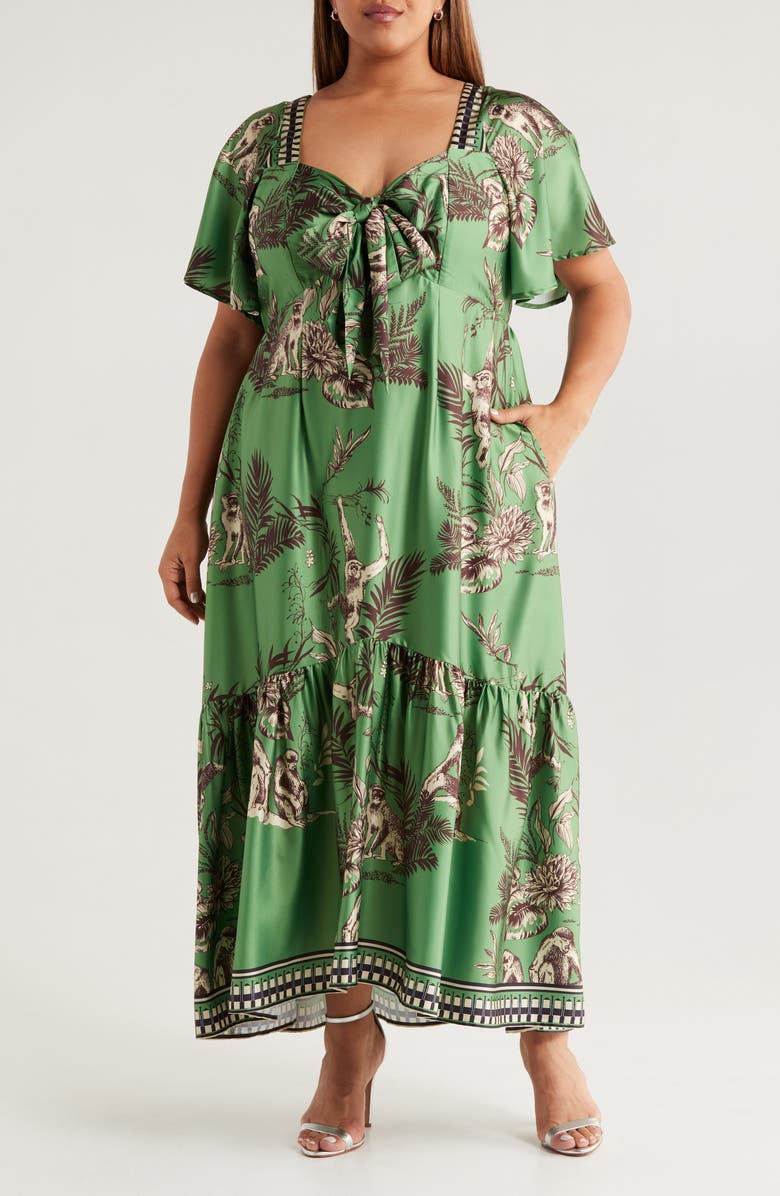 CIEBON Jadelyn Flutter Sleeve Satin Dress, Main, color, Forest Green