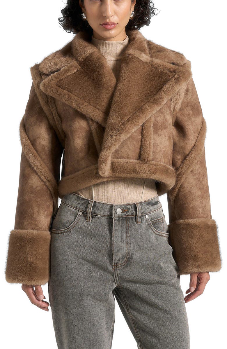 Manière De Voir Kena Vintage Leather & Plush 2-in-1 Gilet Jacket, Alternate, color,