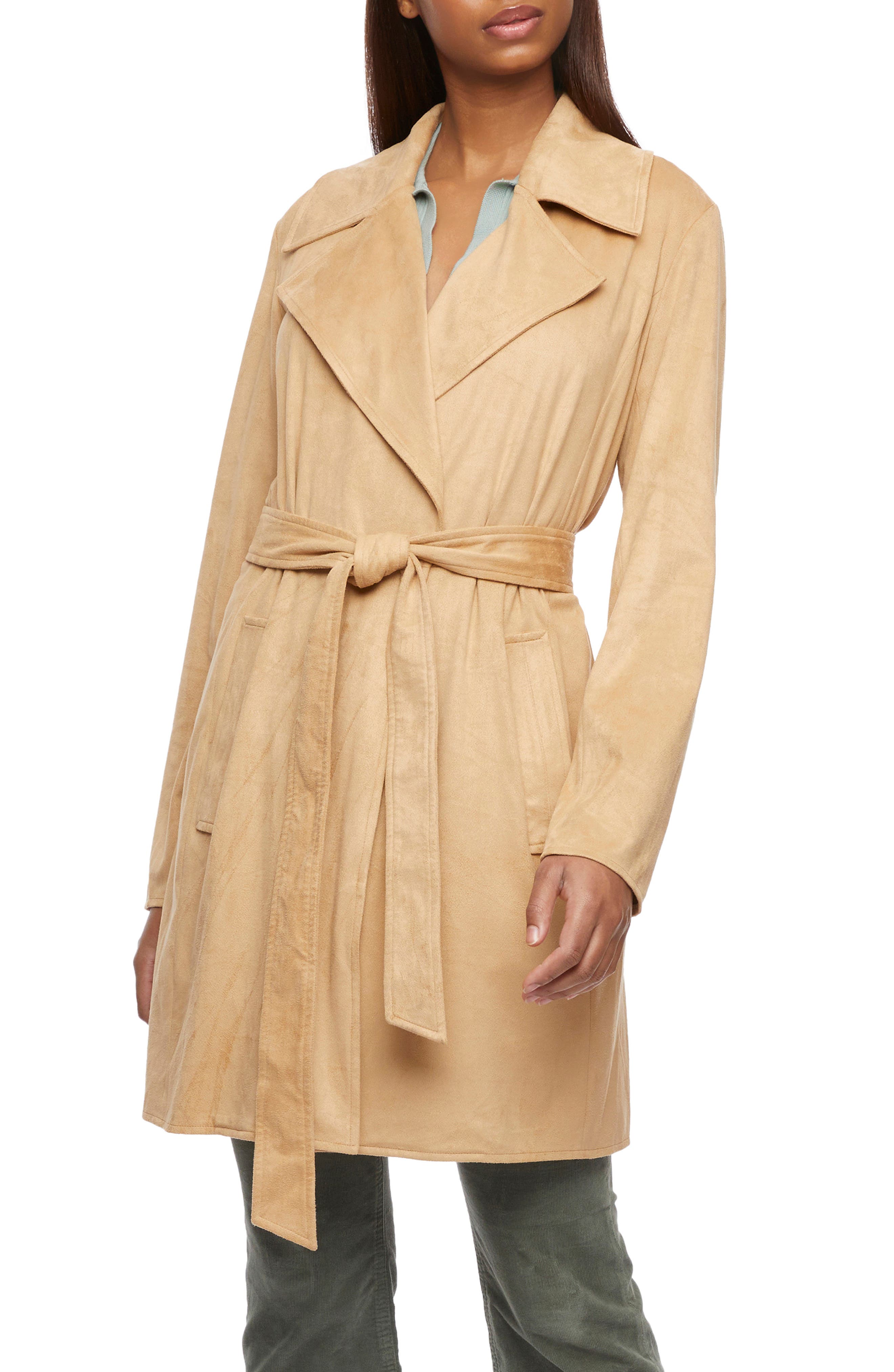 Faux Suede Belted Trench Coat