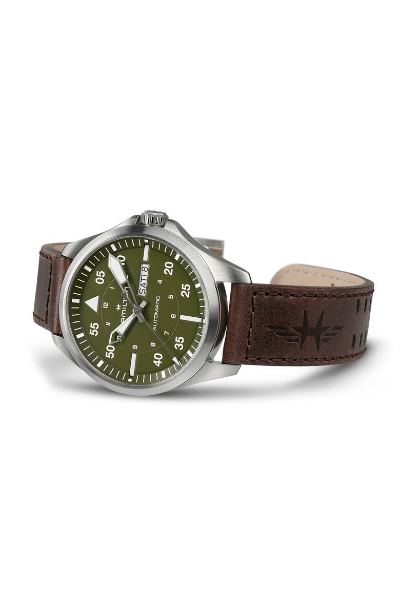 Hamilton Khaki Aviation Leather Strap Watch, 42mm, Alternate, color, Green
