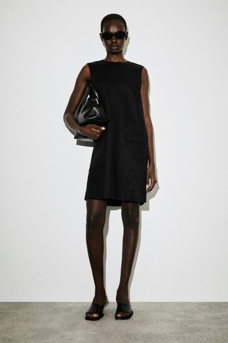 Linen Mini Shift Dress, Main, color, BLACK