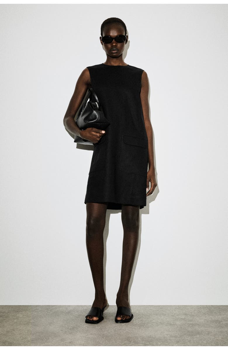 COS Linen Mini Shift Dress, Main, color, Black