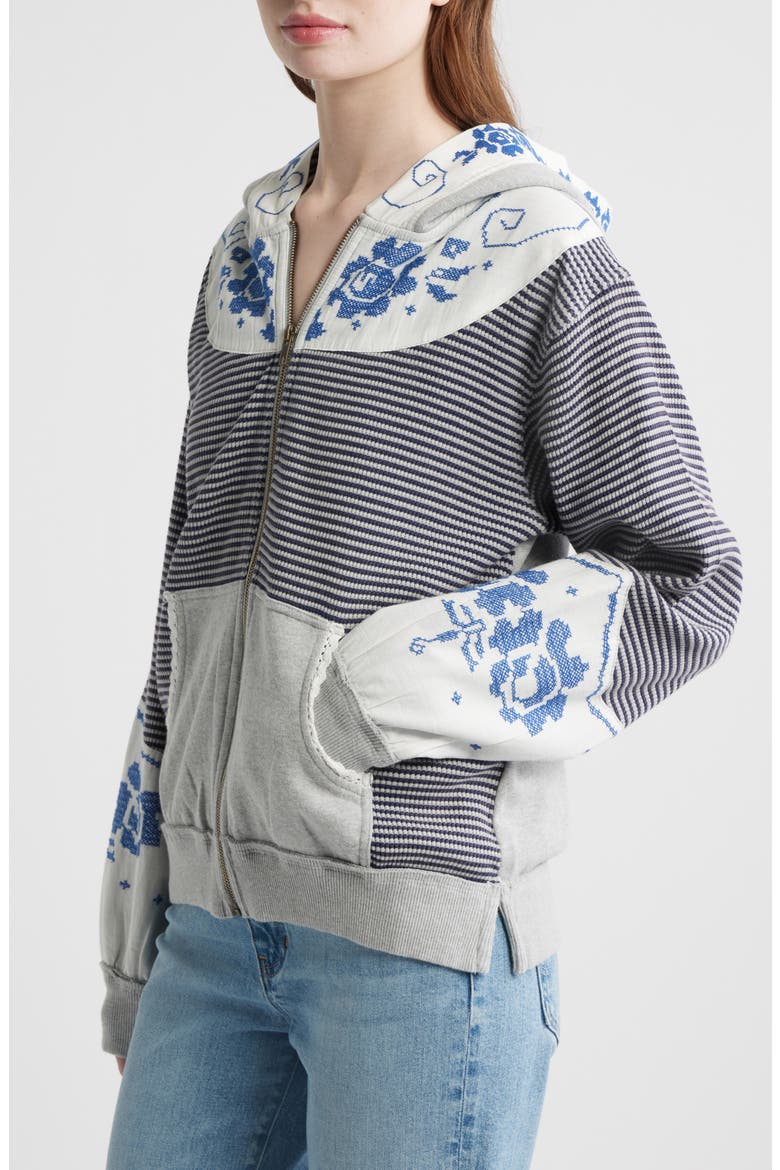 Lydia Mixed Media Zip-Up Hooded Sweater, Alternate, color, GREY COMBO