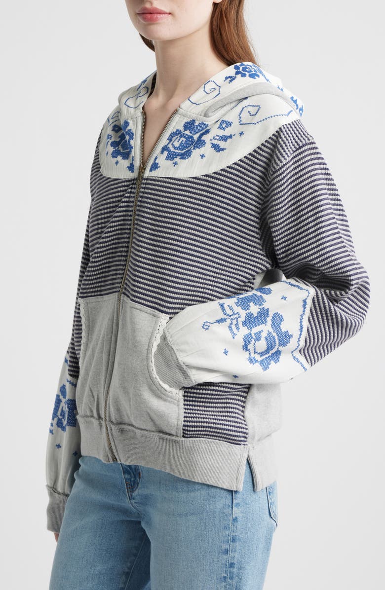 Free People Lydia Mixed Media Zip-Up Hooded Sweater, Alternate, color, Grey Combo