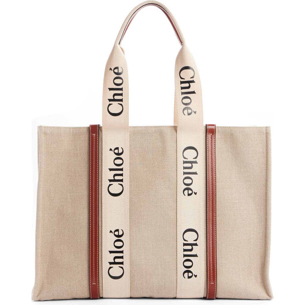 Chloé Medium Woody Linen Tote in White - Brown 1 at Nordstrom