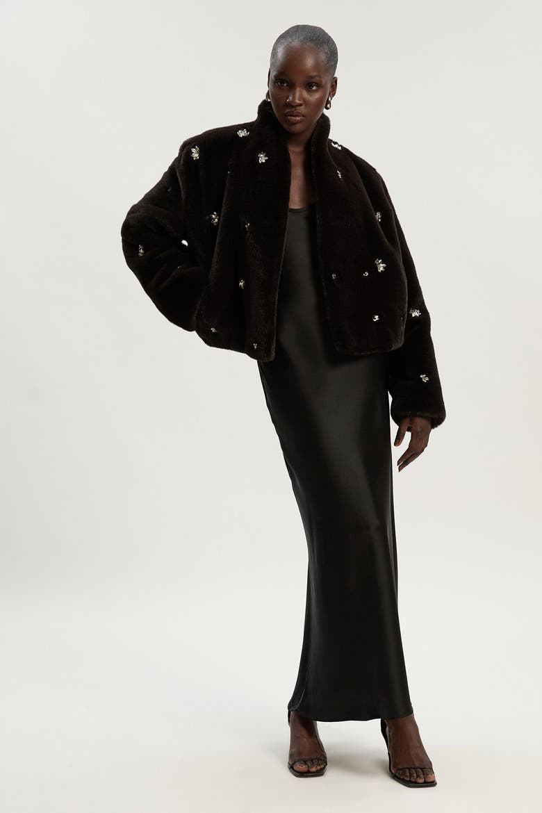 Crystal Embellished Faux Fur Short Coat, Main, color, Chocolate
