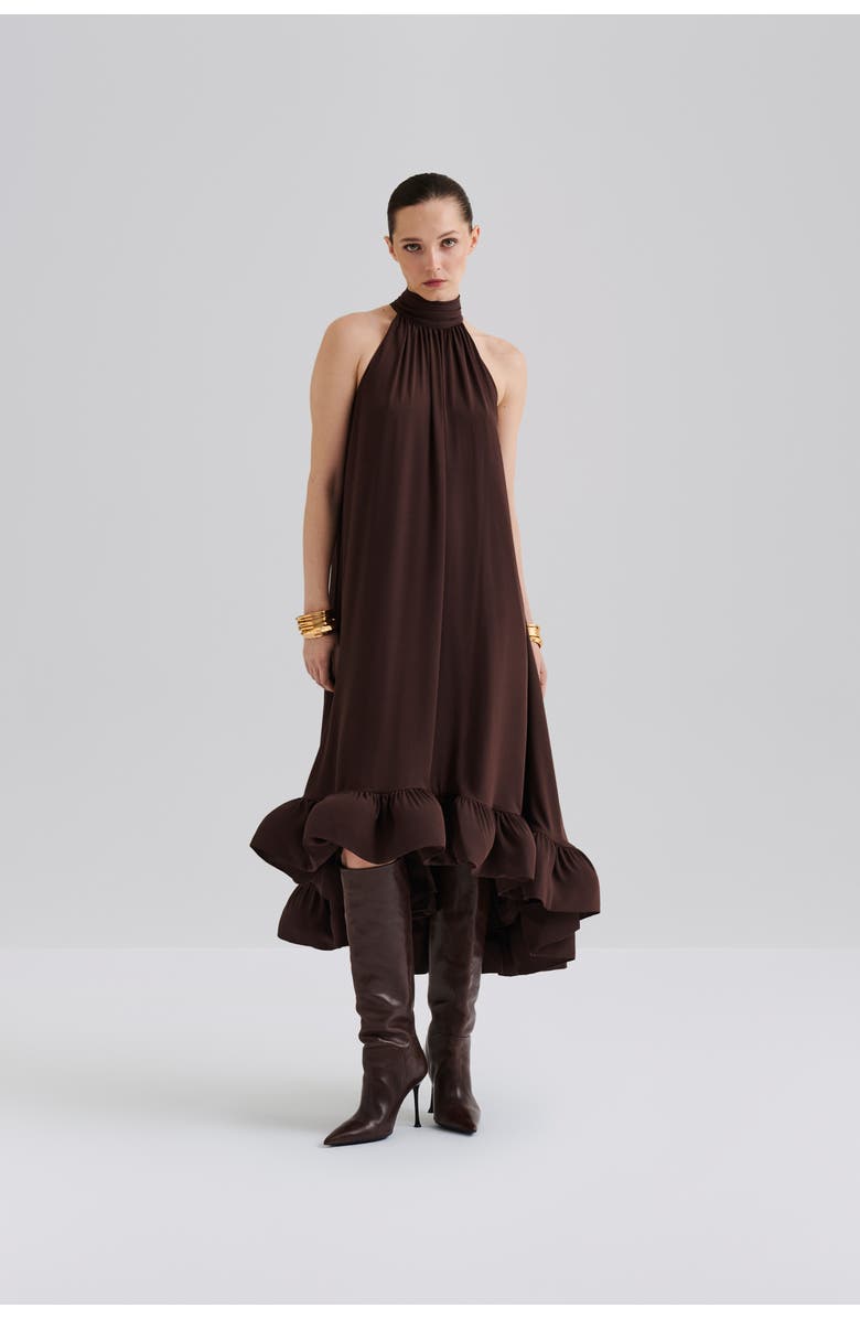 Malina Sabrina Halterneck Ruffled Maxi Dress, Main, color, Chocolate