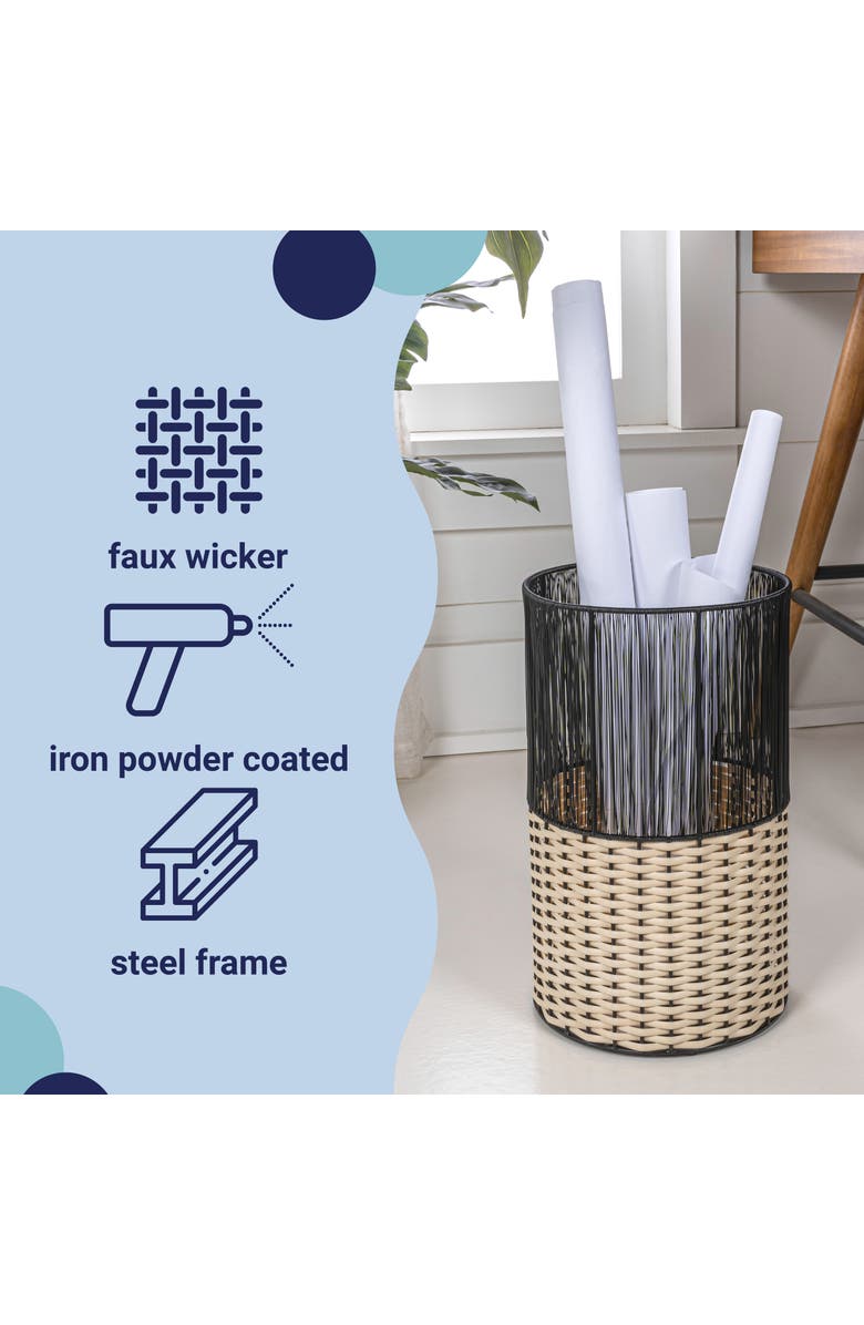 HAPPIMESS Harper Modern 2-Tone Faux Wicker Cylinder Waste Basket, Alternate, color, Black/Cream