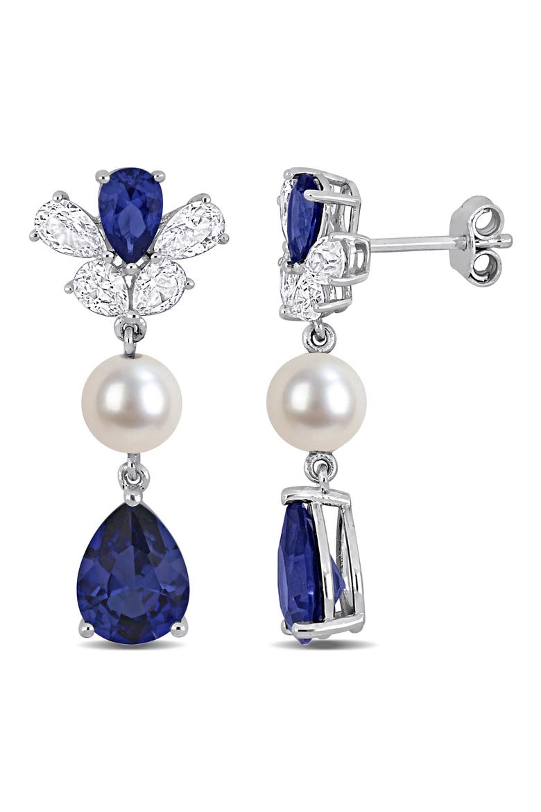 Lab Grown Blue & White Sapphire & Cultured Pearl Drop Earrings, Main, color, BLUE