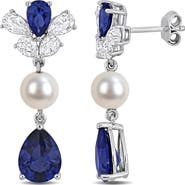 DELMAR Lab Grown Blue & White Sapphire & Cultured Pearl Drop Earrings
