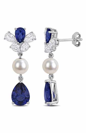 Lab Grown Blue & White Sapphire & Cultured Pearl Drop Earrings