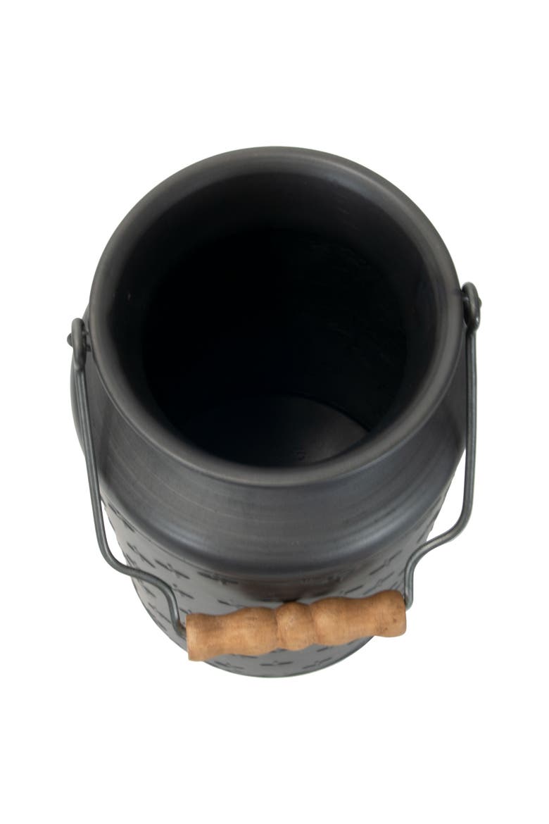Black Galvanized Metal Decorative Vase with Wood Handle, Alternate, color, Black