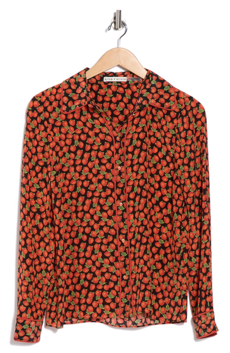 Alice + Olivia Willa Long Sleeve Silk Button-Up Shirt, Alternate, color, Strawberry Jam Black