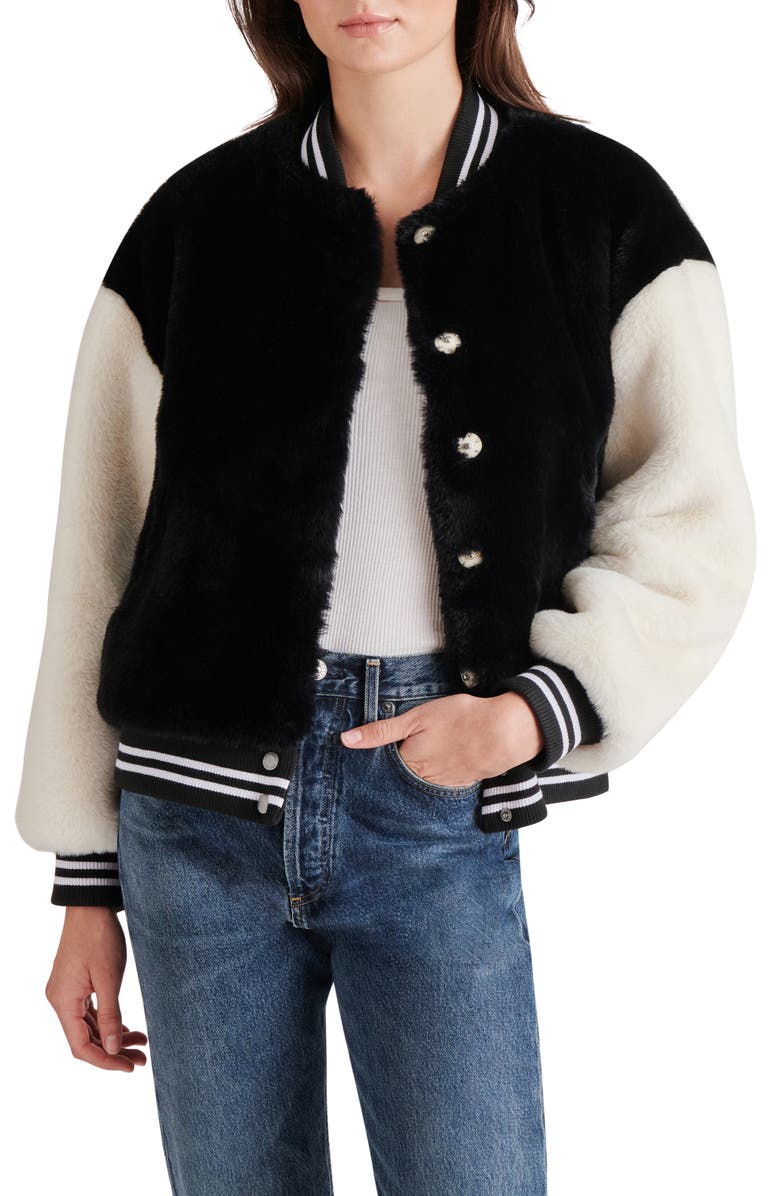 Steve Madden Faux Fur Varsity Jacket, Main, color,