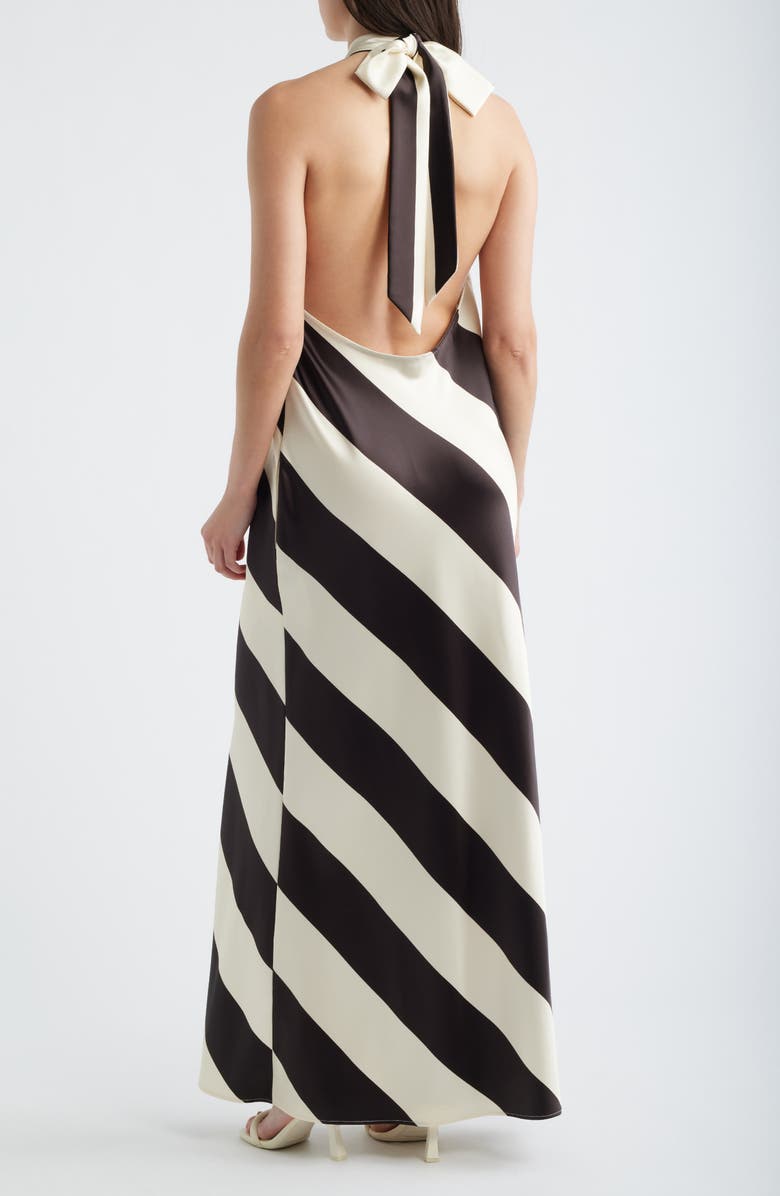 Torn by Ronny Kobo Vega Stripe Satin Halter Dress, Alternate, color, Brown / Ivory