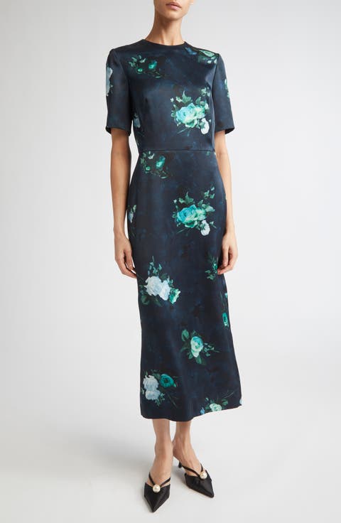 Abstract Rose Print Short Sleeve Cocktail Dress